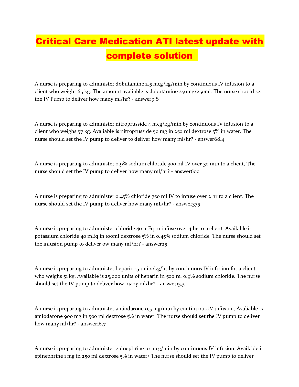 Preview image of Critical Care Medication ATI latest update with complete solution document